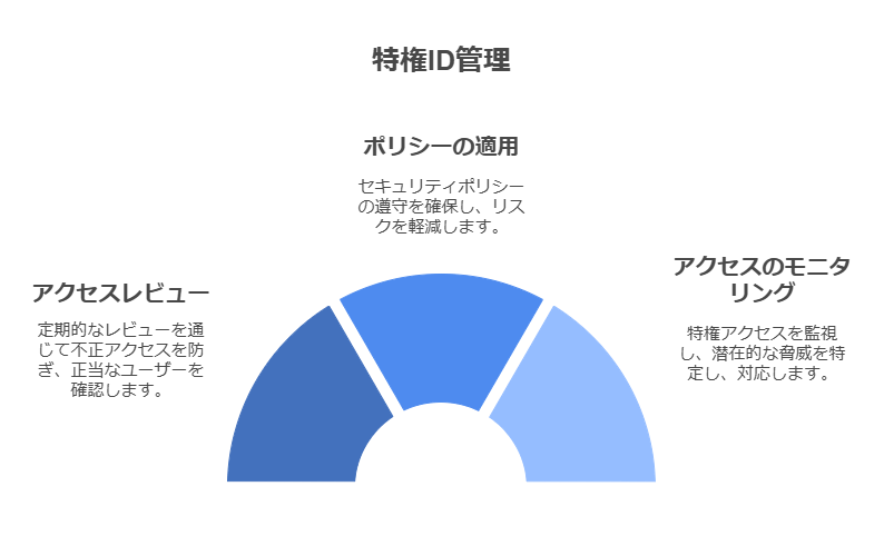 特権ID管理　ポリシーの適用　アクセスのモニタリング　アクセスレビュー