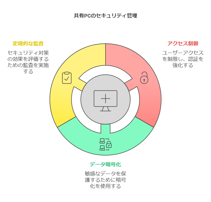 共有PCのセキュリティ管理　定期的な監査　アクセス制御　データ暗号化