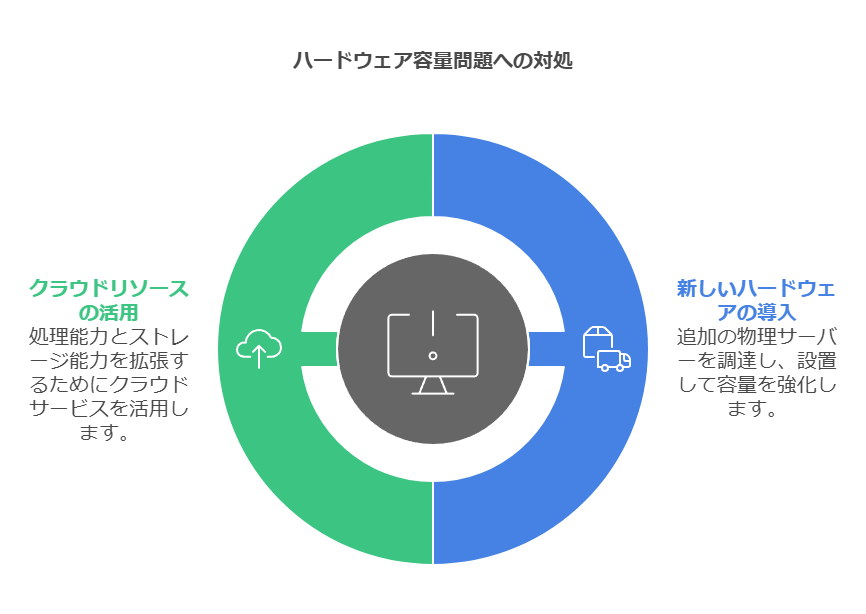 ハードウェア容量問題への対処　新しいハードウェアの導入　クラウドリソースの活用