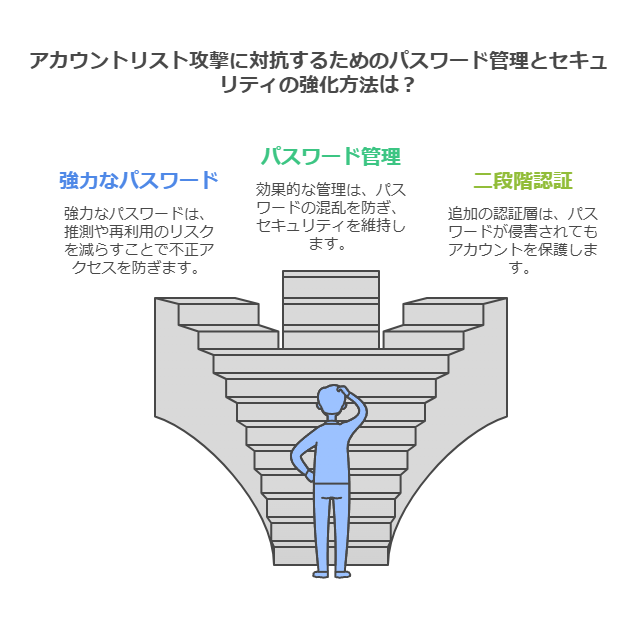 アカウントリスト攻撃に対抗するためのパスワード管理とセキュリティの強化方法は？