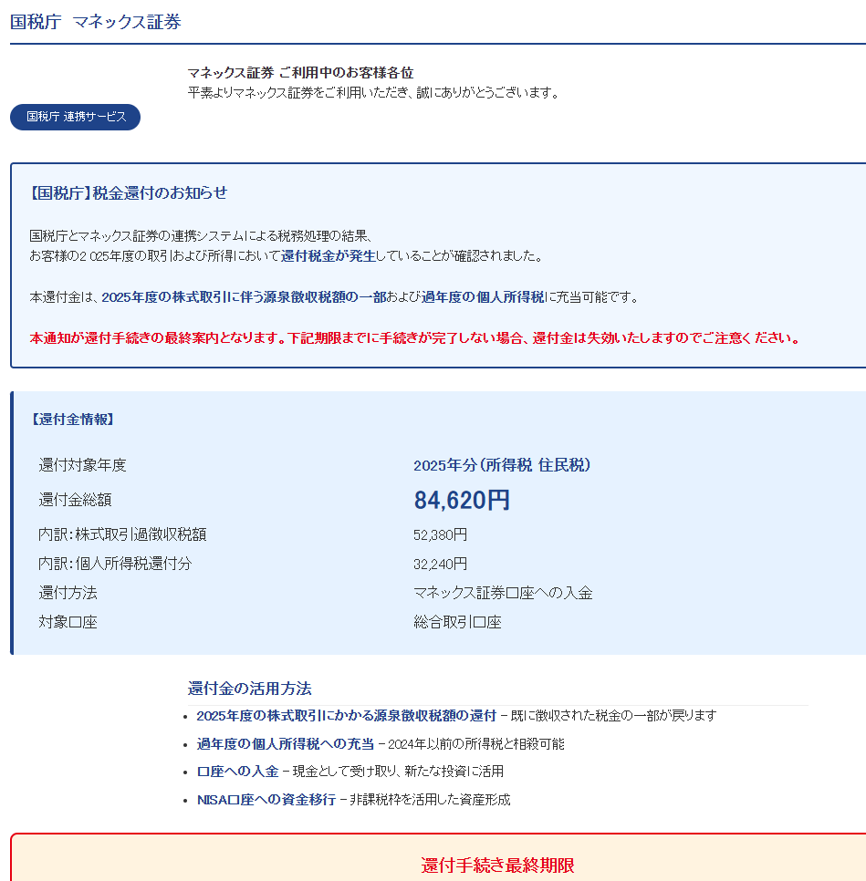 国税庁　マネックス証券　還付金（詐欺メール/フィッシング詐欺）